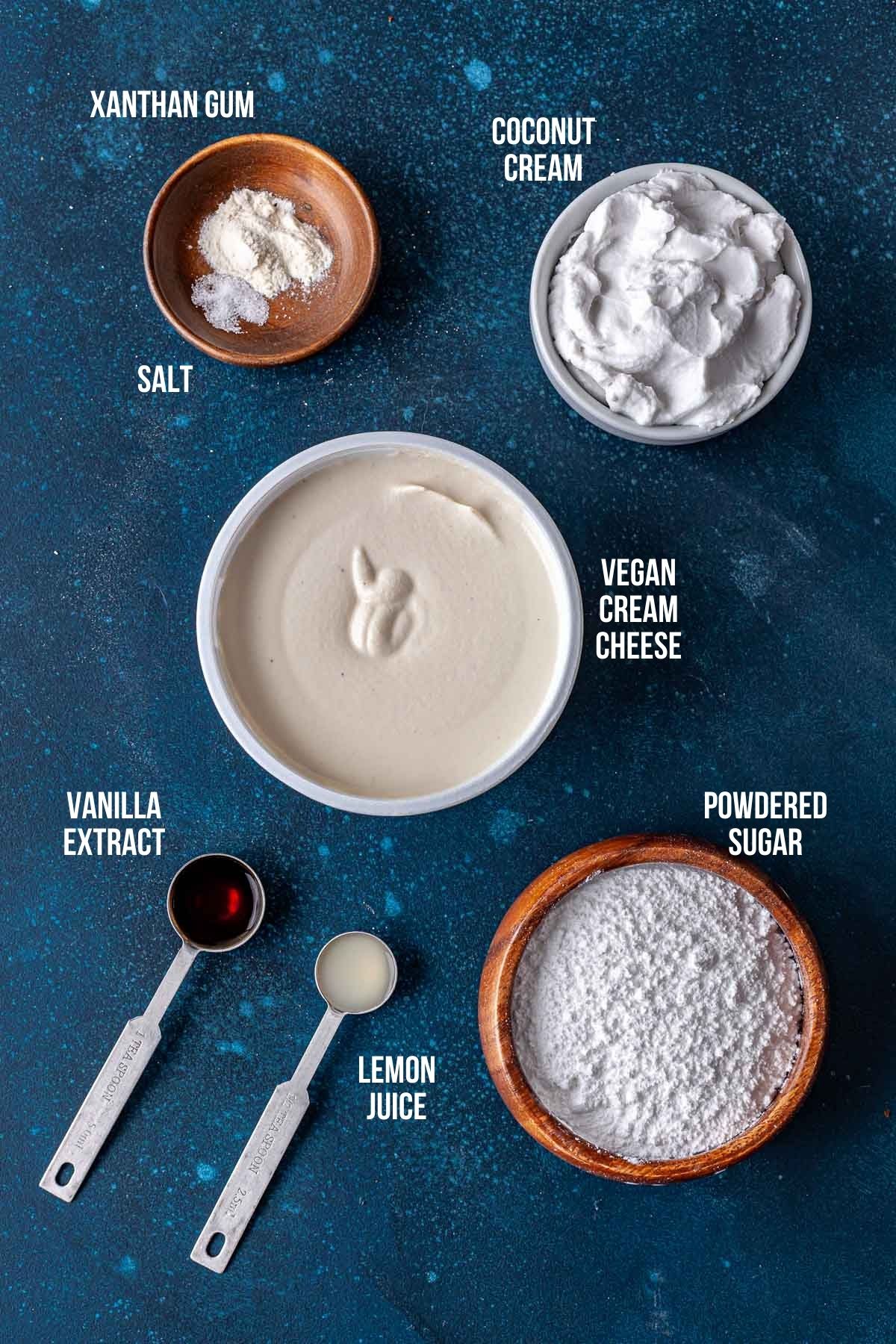Ingredients measured out for dairy-free cream cheese frosting.